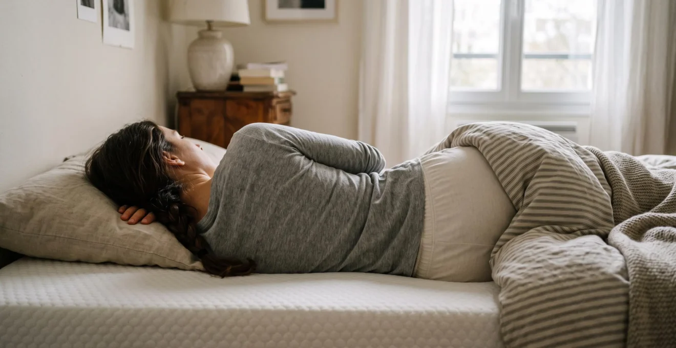 Vue de profil d'une personne allongée sur le côté sur un matelas montrant l'alignement du corps
