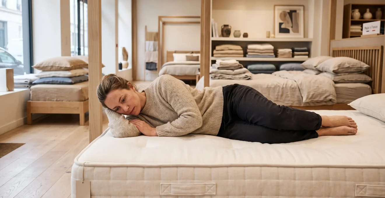 Personne testant un matelas allongée sur le côté dans un magasin de literie