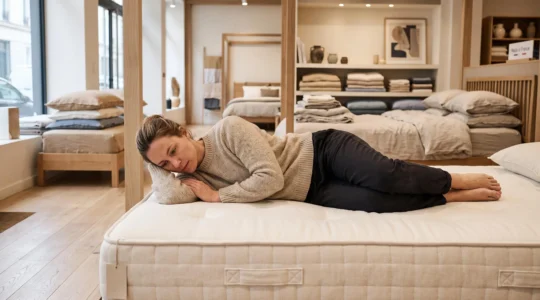 Personne testant un matelas allongée sur le côté dans un magasin de literie