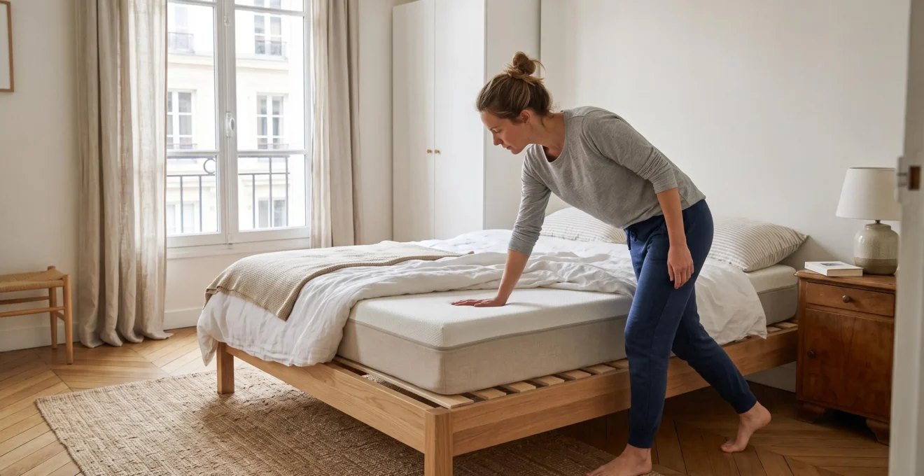 Personne vérifiant la stabilité d'un matelas sur son sommier dans une chambre
